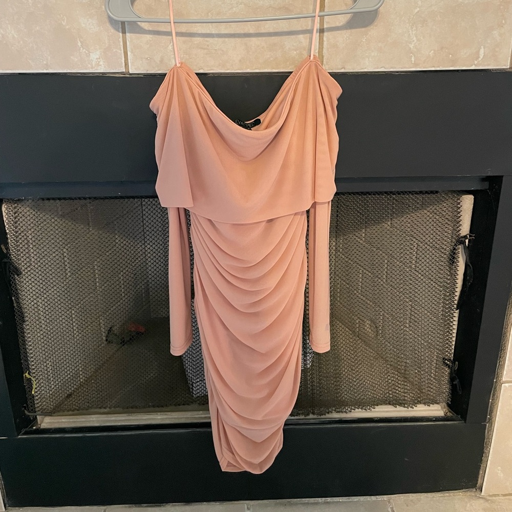 Revamped long sleeve off the shoulder dusty rose dress